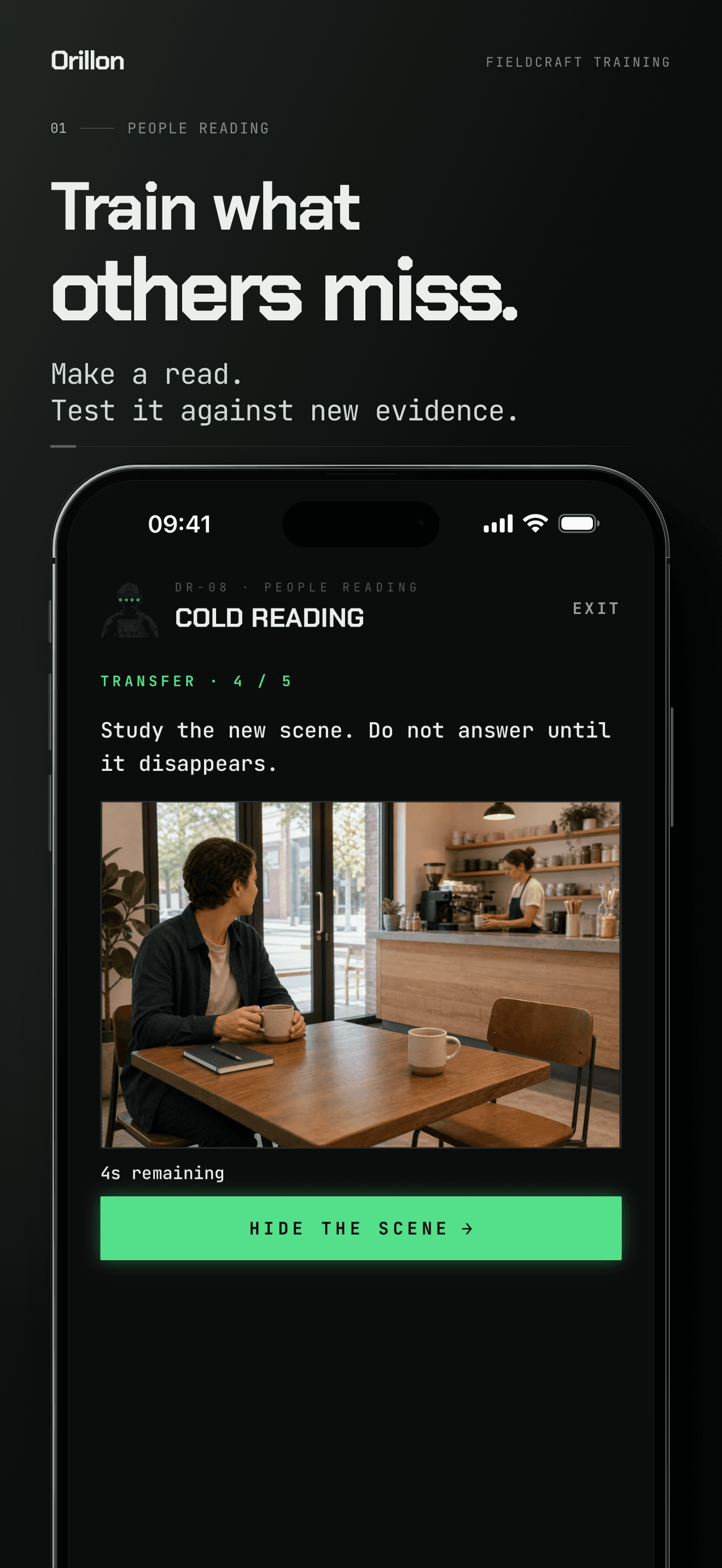 Orillon App Store card: Train what others miss. A real Cold Reading drill asks you to study a café scene.