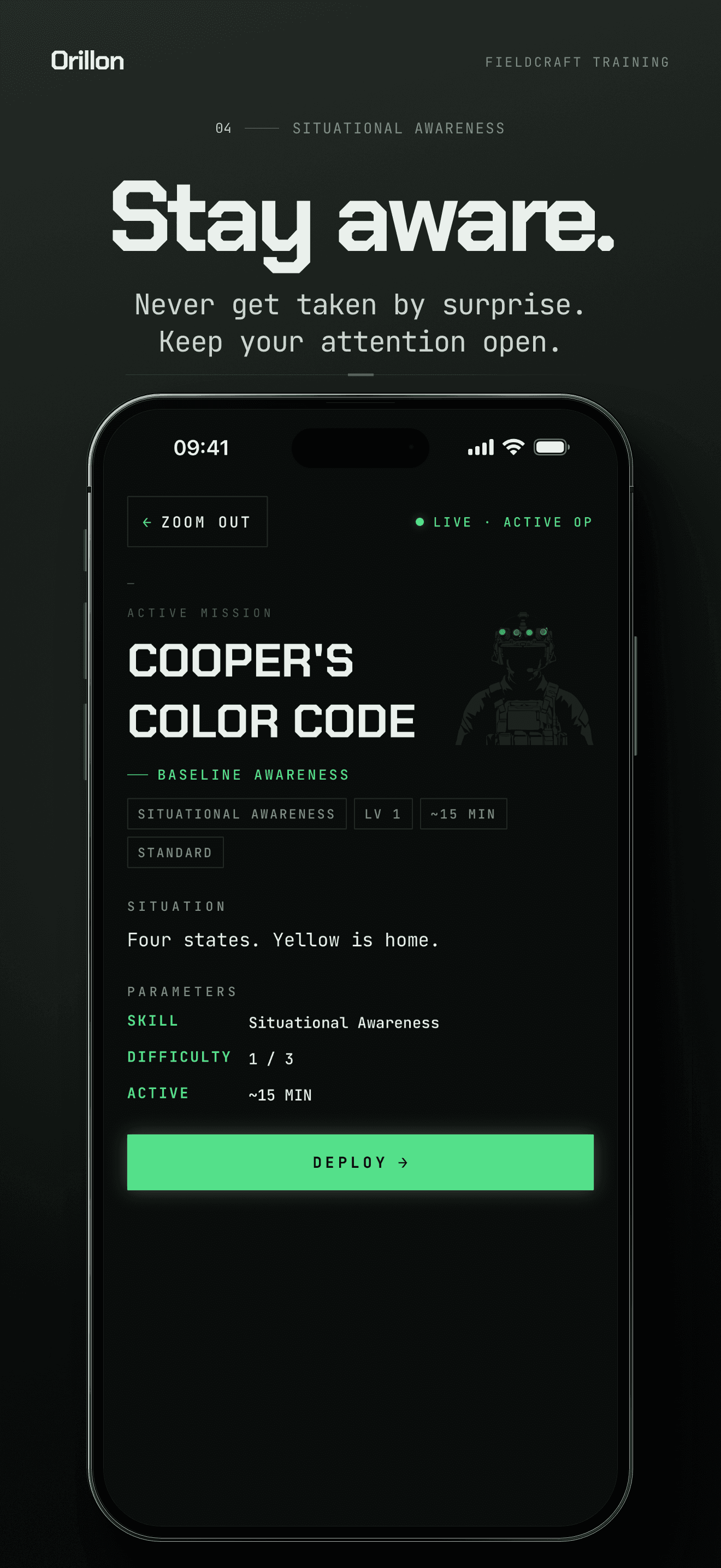 Orillon App Store card: Stay aware. The Cooper’s Color Code mission brief shows the skill, difficulty, duration, and Deploy action.