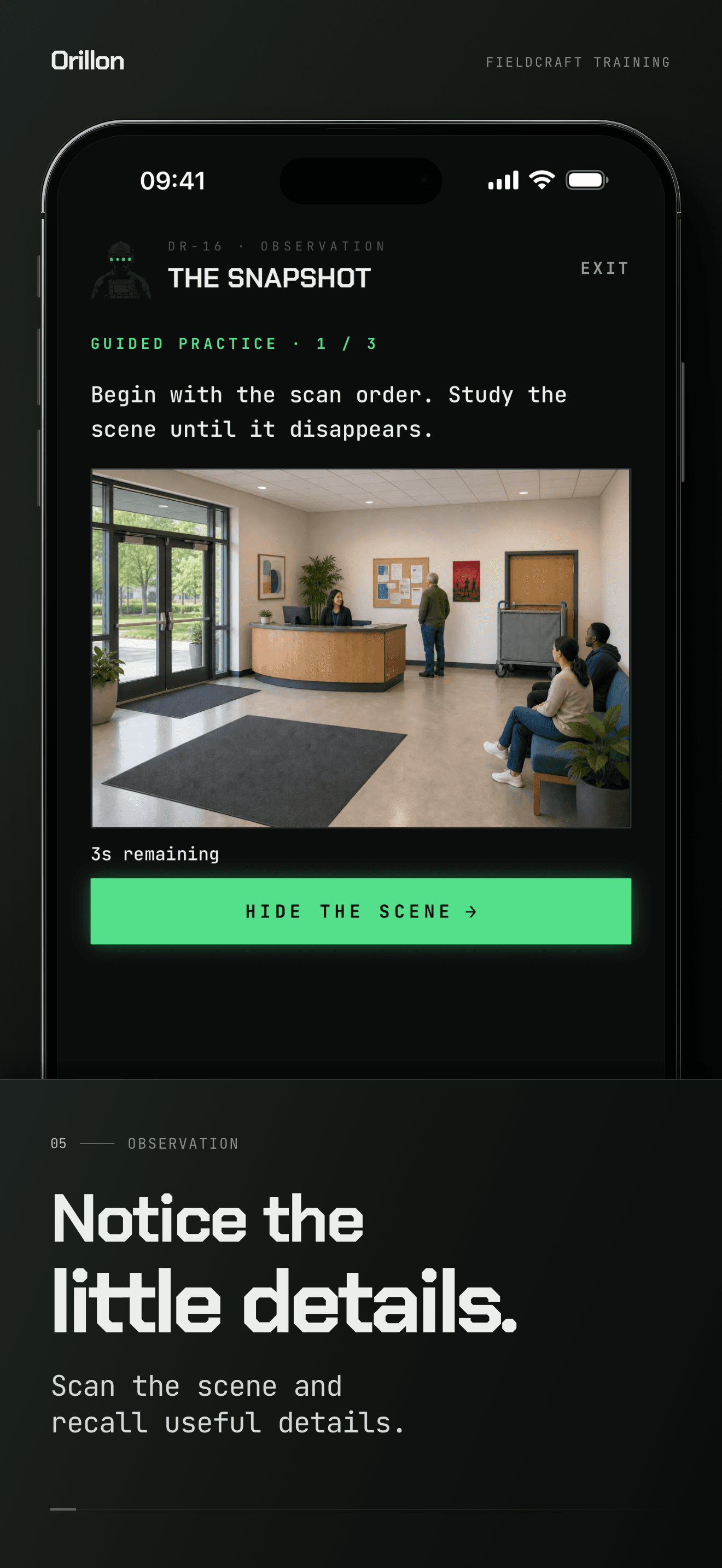 Orillon App Store card showing the Snapshot observation drill and its real scene-recall exercise.