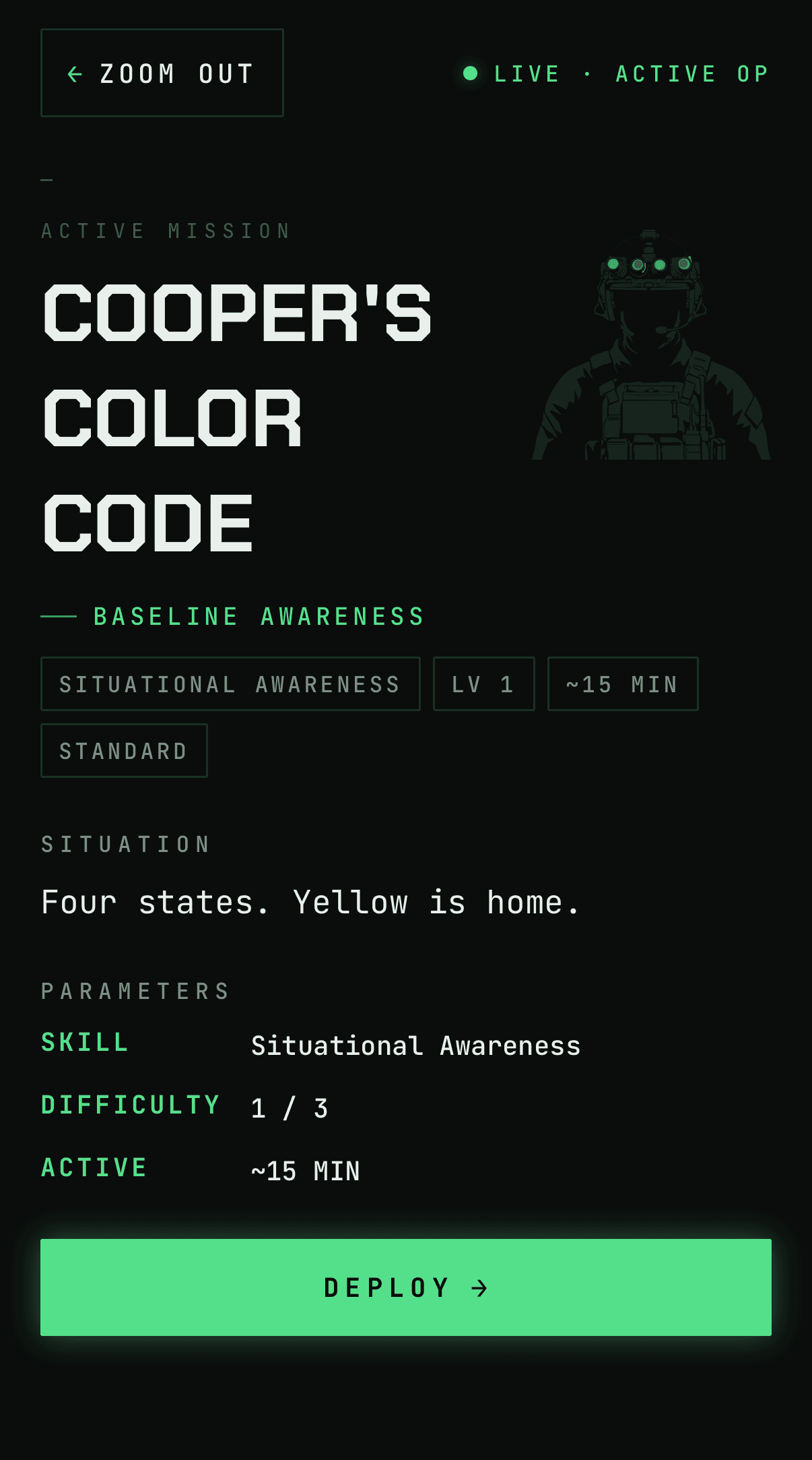 Orillon mission brief for Cooper's Color Code with mission parameters and a deploy action