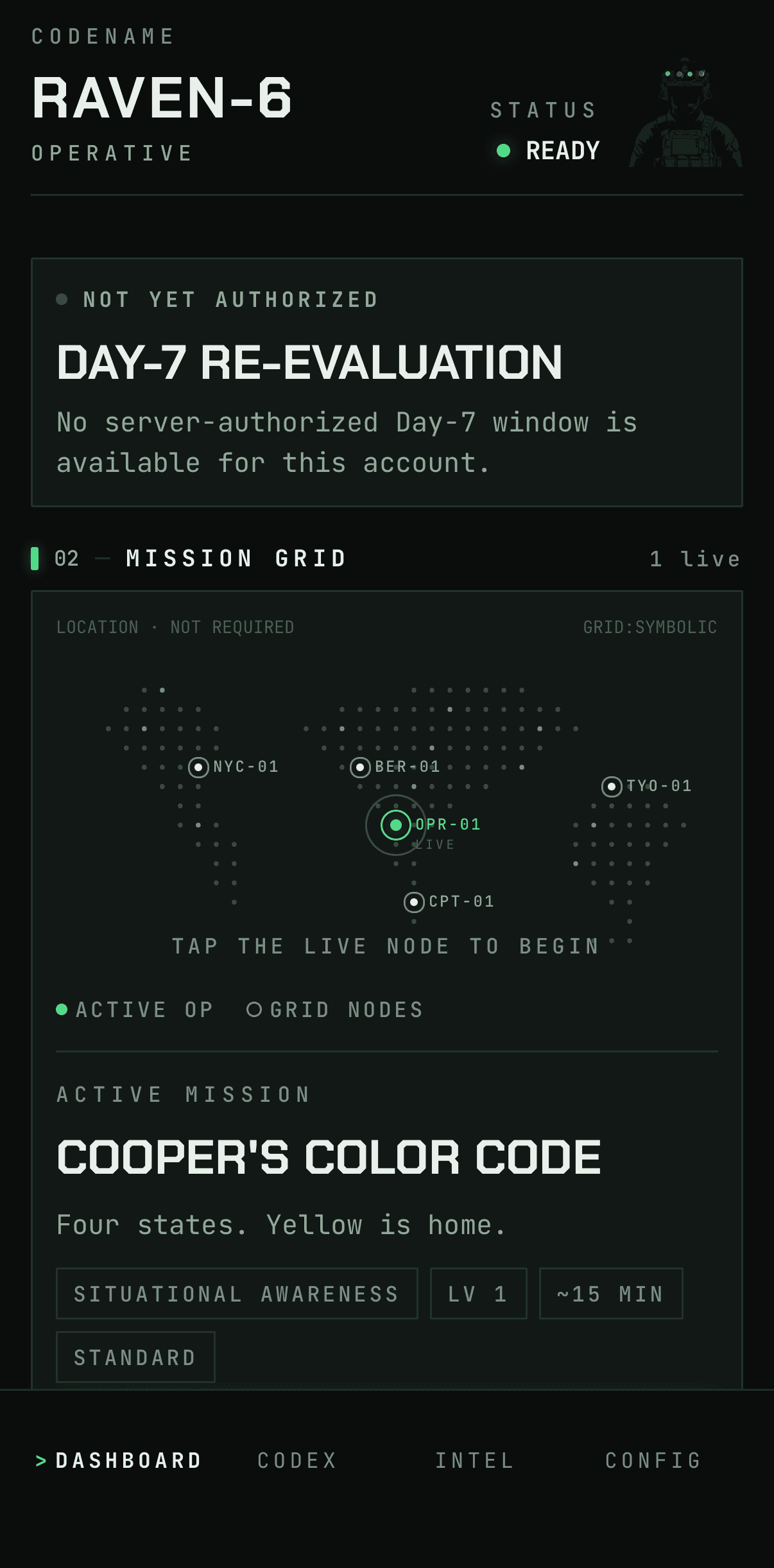 Orillon main dashboard showing the operative status, mission grid, and active mission
